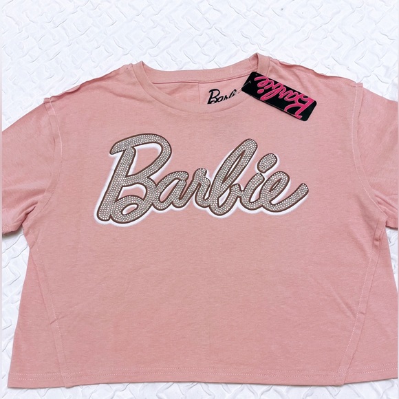 NWT 💖🌸 BARBIE rhinestones pink cropped top shirt - Picture 3 of 14